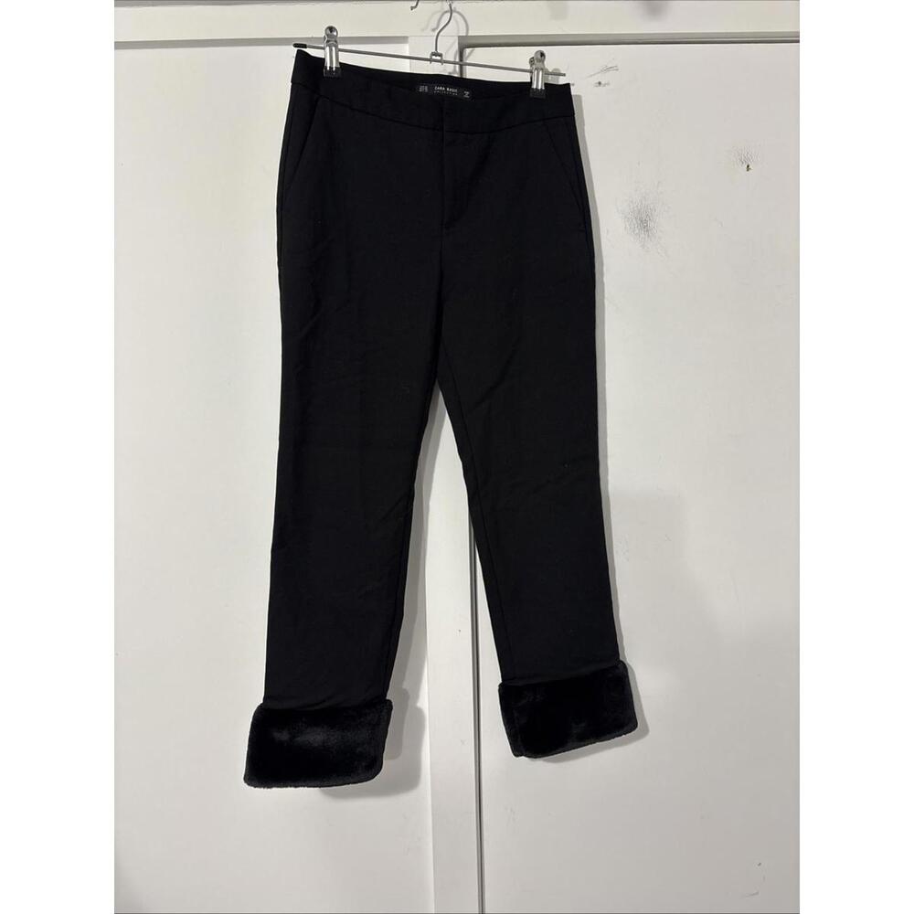 Zara Black Faux Fur Hem Crop Pants Women Size‎ XS